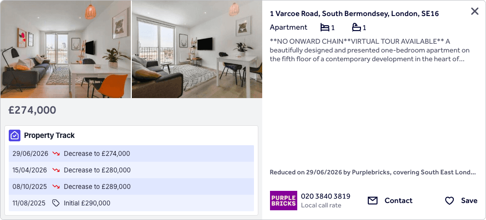 Property Track's price history under a Rightmove search result